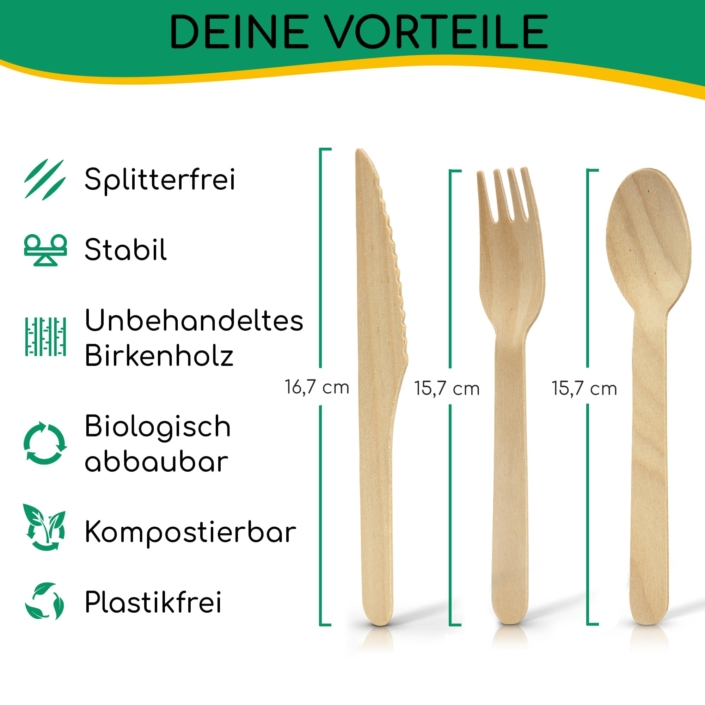 greenli Einwegbesteck Holz mit Groesse und Eigenschaften - 300er Set