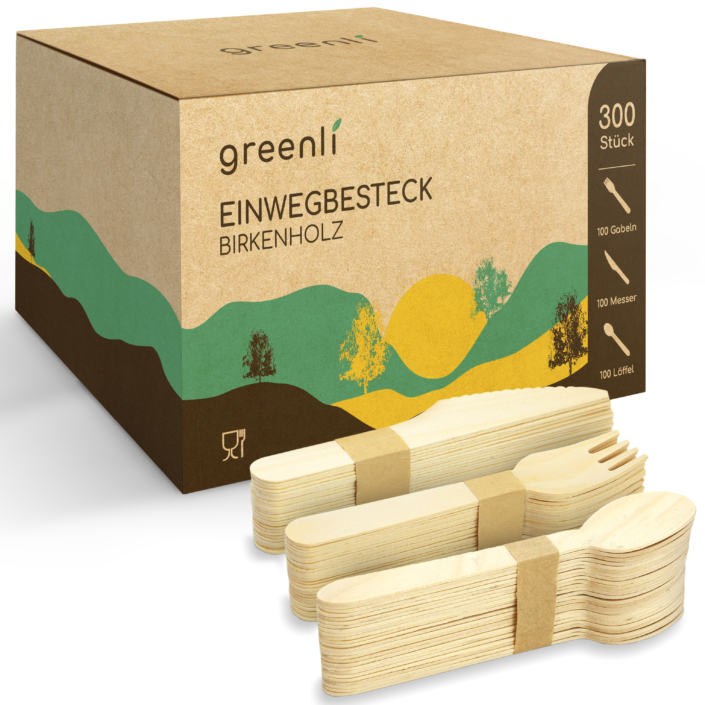 greenli Einwegbesteck Holz gebuendelt mit Verpackung - 300er Set