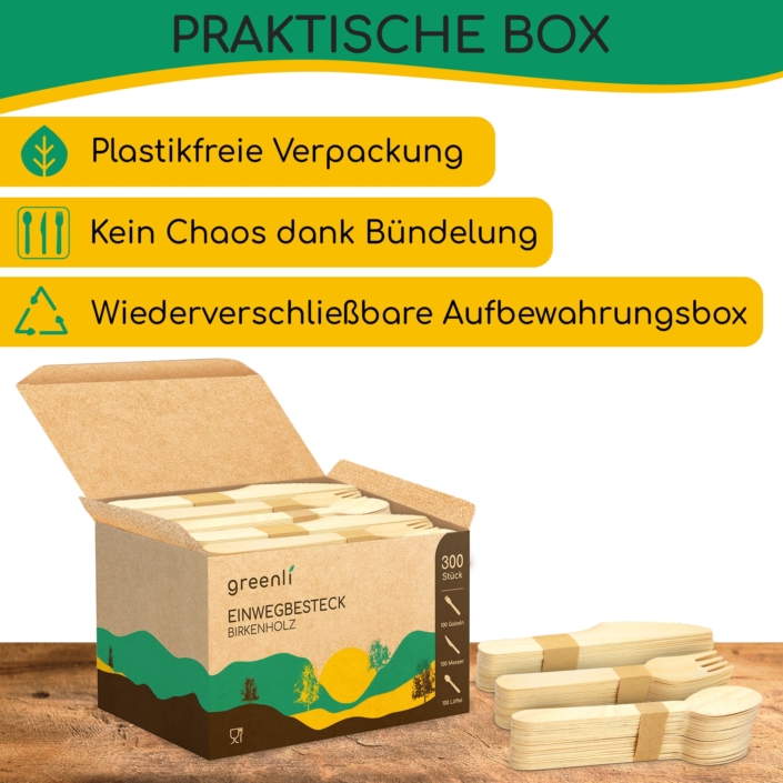 greenli Einwegbesteck Holz mit geoeffneter Verpackung auf Tisch - 300er Set